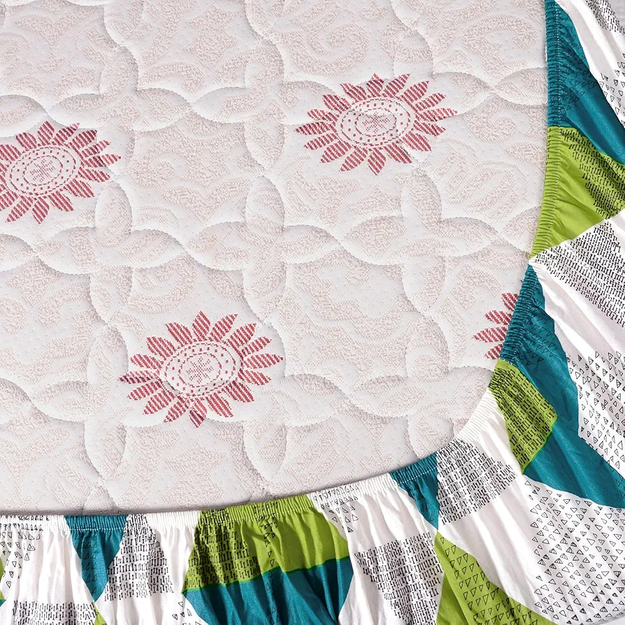 Divine Casa Green and Blue Abstarct Zig Zag Dual Print Pattern 120 TC Glace Cotton Elastic Fitted Printed Queen Size Double Bed Bedsheet with 2 Pillow Cover Love Bird