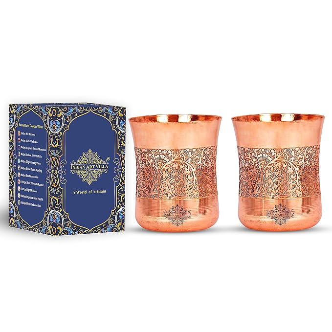 Indian Art Villa Curved Copper Glass Tumbler Cup With Embossed Design