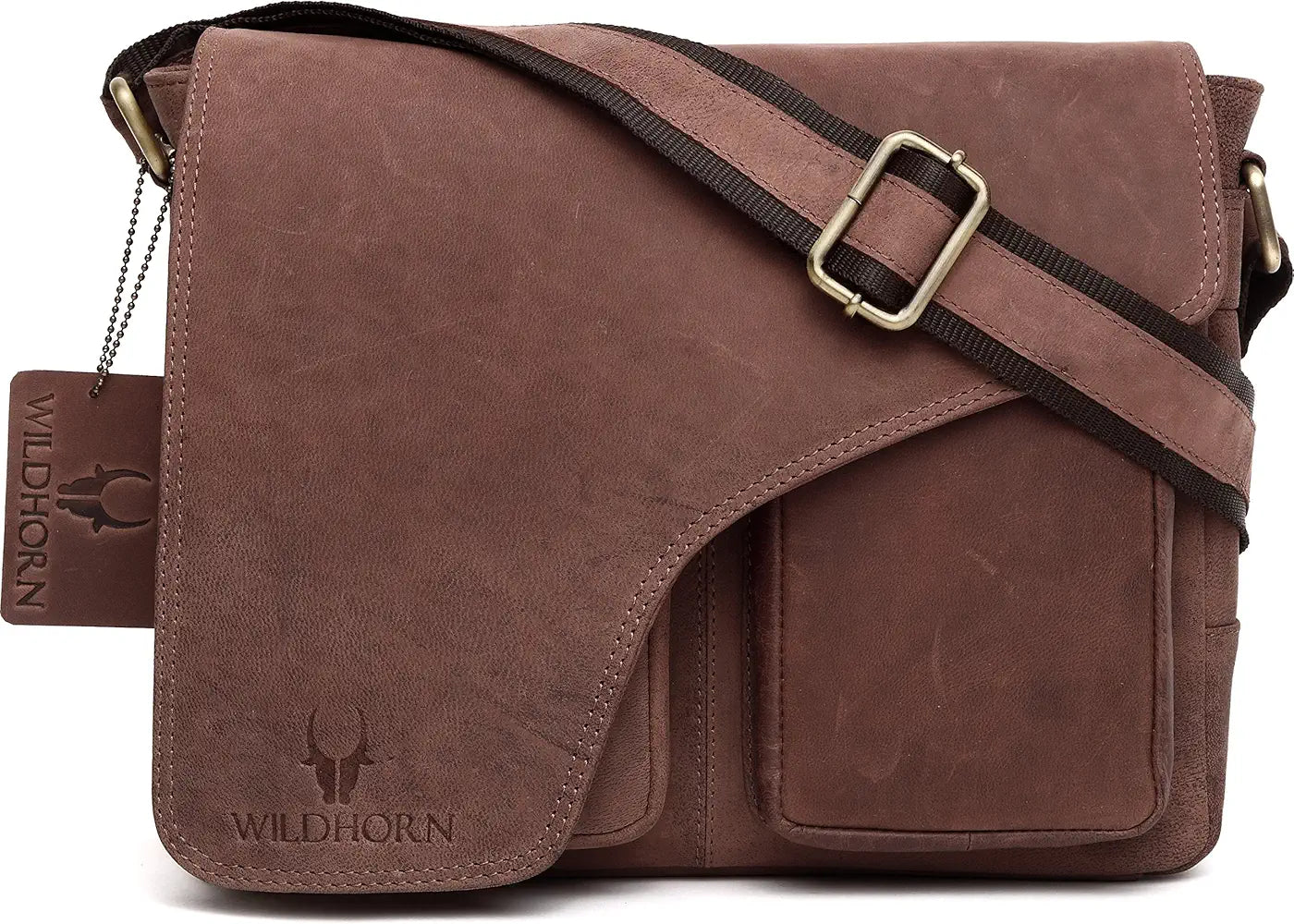 WildHorn�Leather 11 inch Laptop Messenger Bag for Men I Dedicated Laptop Compartment I Adjustable Strap I DIMENSION:L- 11 inch H-9.5 inch W- 3 inch