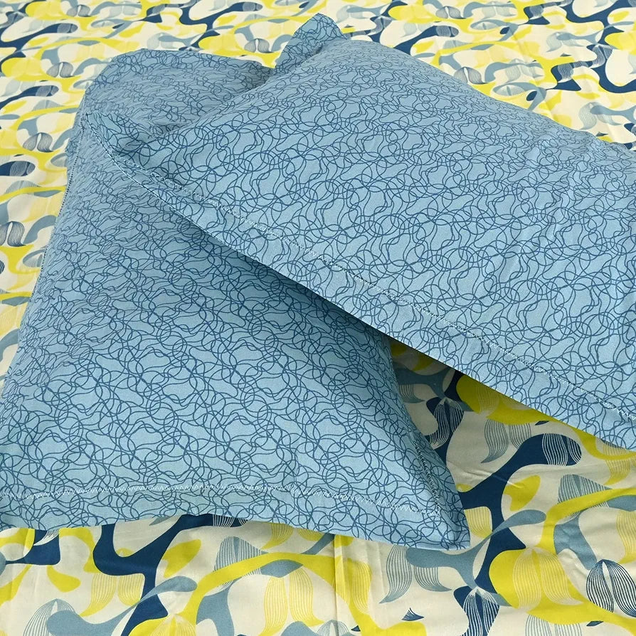 Divine Casa 144 TC 100% Pure Cotton Queen Size Double Bed Bedsheet with 2 Pillow Covers Geo Petals Colour Sky Blue Lemon