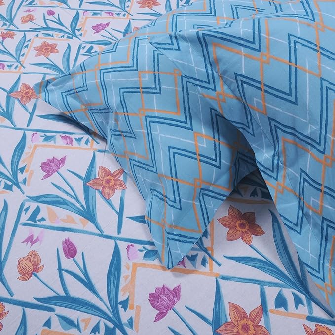 Huesland by Ahmedabad Cotton 144 TC Bedsheet for King Size Bed with 2 Pillow Covers | Botanical Chevron | Blue, Yellow & White