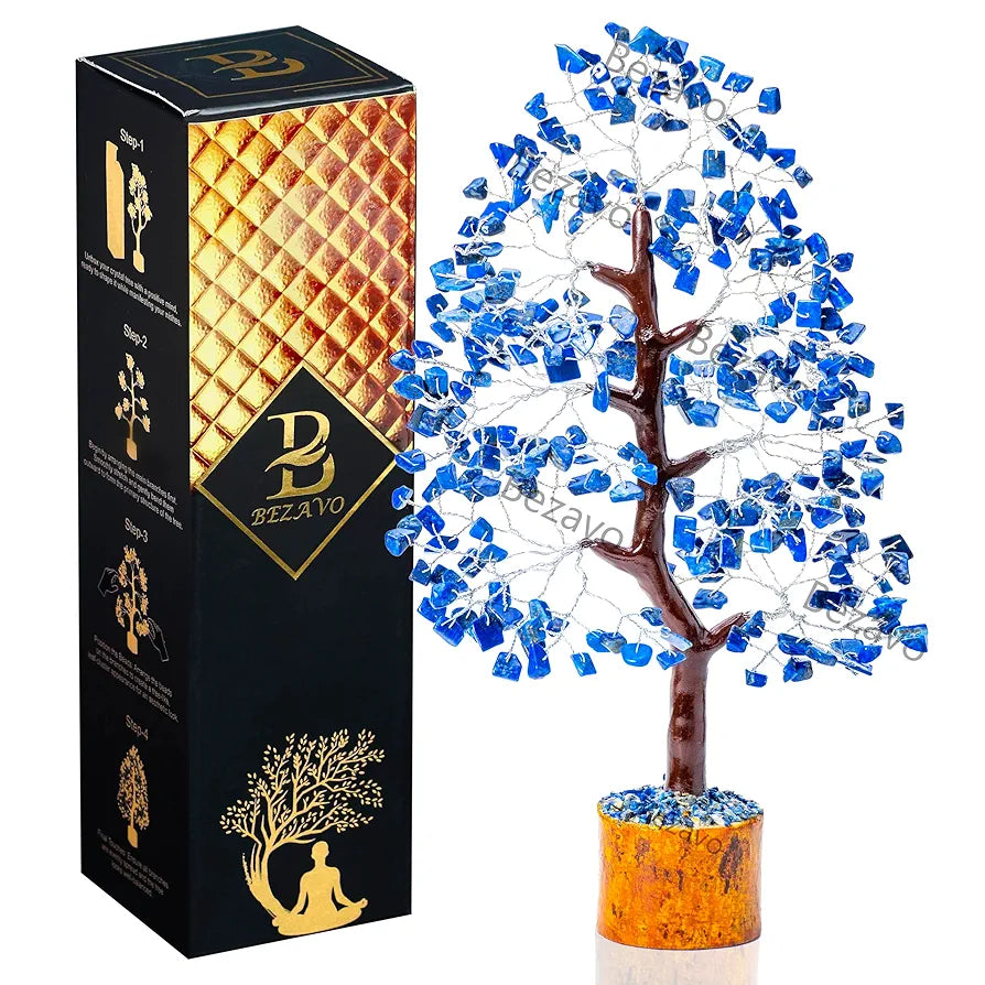 Bezavo Lapis Lazuli Crystal Feng Shui Tree Silver Wire