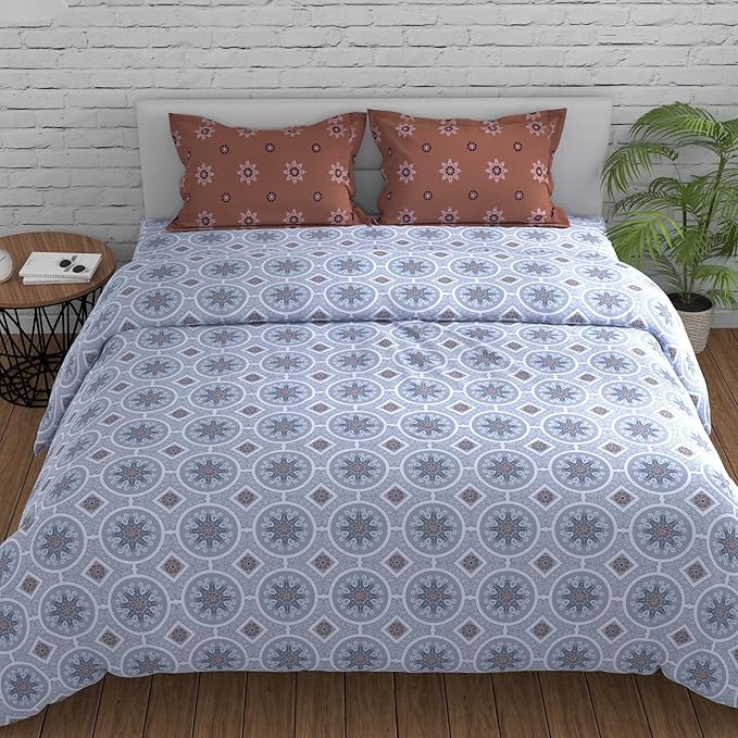 Huesland by Ahmedabad Cotton 144 TC Cotton Bedsheet for Double Bed King Size with 2 Pillow Covers | Mandala | Brown & Grey