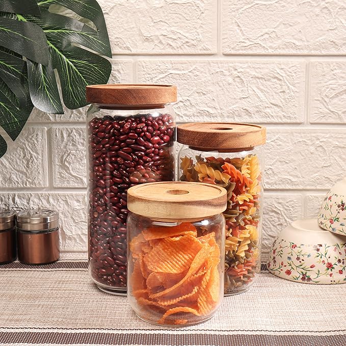 Femora Kitchen Storage Jars Borosilicate Glass Jar for Kitchen With Wooden Lid Air Tight Jar | 1000 Ml | Pack of 1