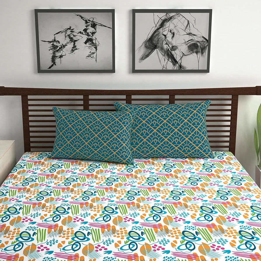 Divine Casa 144 TC Cotton Bedsheet for Double Bed with 2 Pillow Cover Colour Teal & Mustard