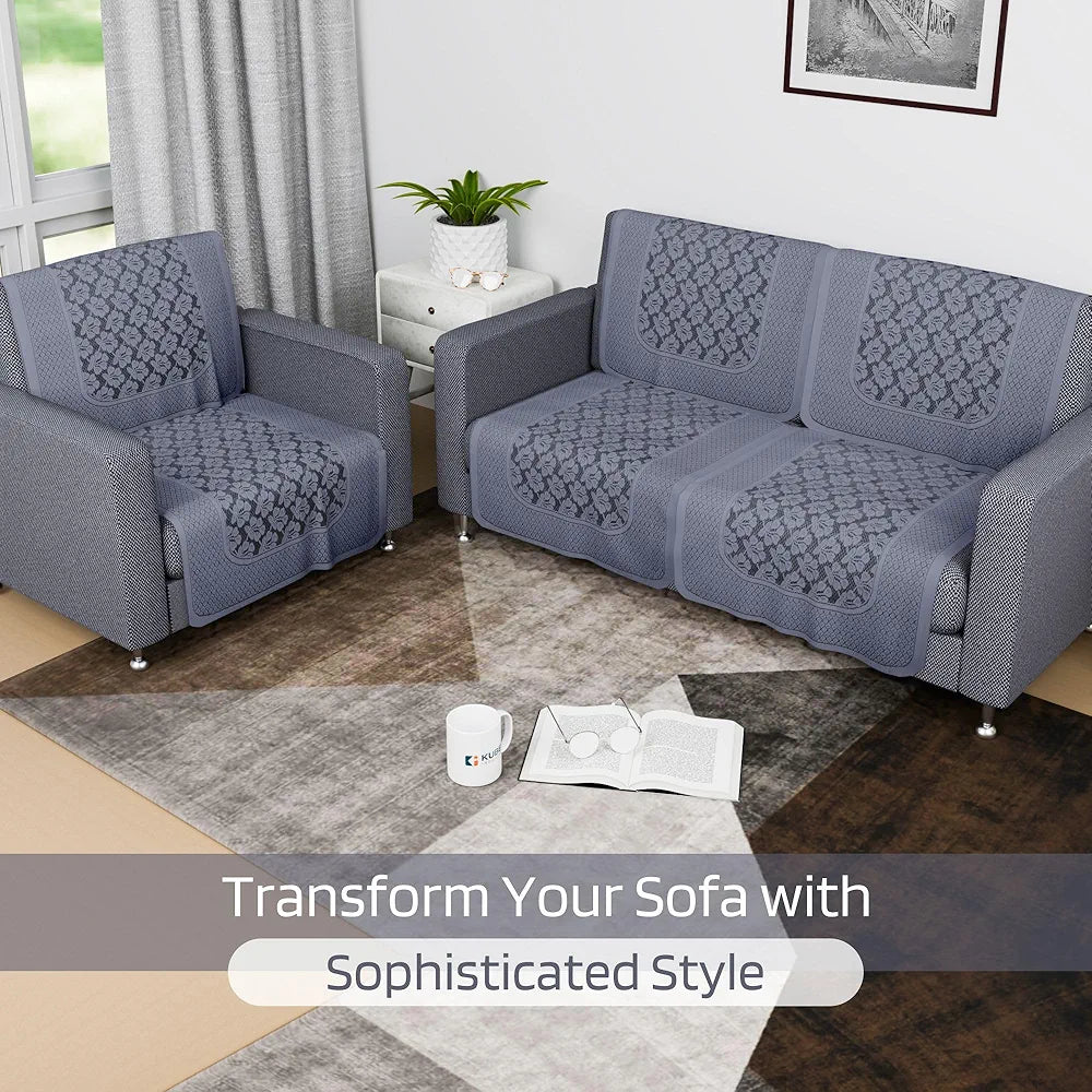 Kuber Industries Net 2+1 Seater Sofa Slip Cover Couch Cover Plain Leonardo Flower Print Grey