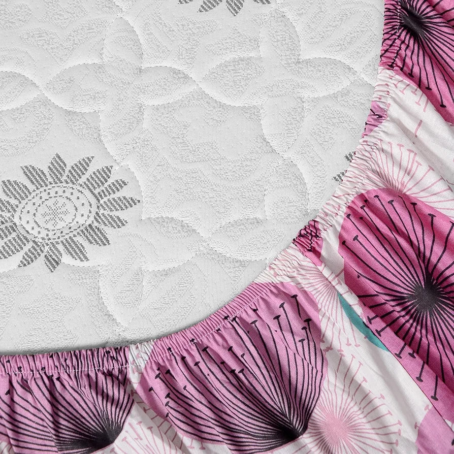 Divine Casa 100% Cotton 144 TC Floral Print Elastic Fitted Queen Size Double Bed Bedsheets with 2 Pillow Covers Colour Rose Pink