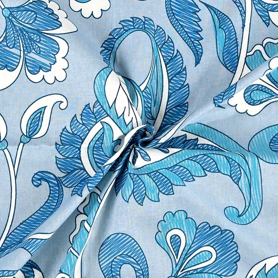 Divine Casa 144 TC Pure Cotton Single Size Bedsheet with 1 Pillow Cover Regal Paisley Colour Silver Sky Blue