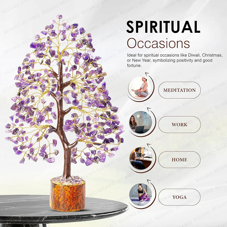 Bezavo Amethyst Gemstone Crystal Bonsai Tree – Good Luck Money Tree for Home & Office Decor  10-12 Inch