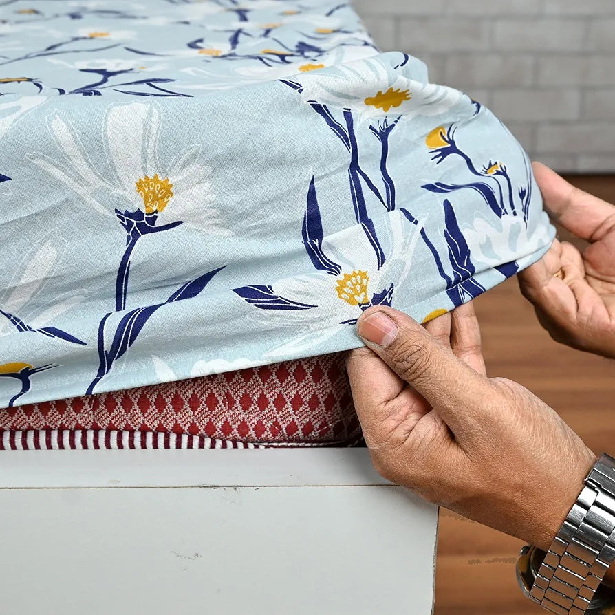 Divine Casa Floret 100% Cotton Double Fitted Bedsheet 144 TC Colour Water Orchid