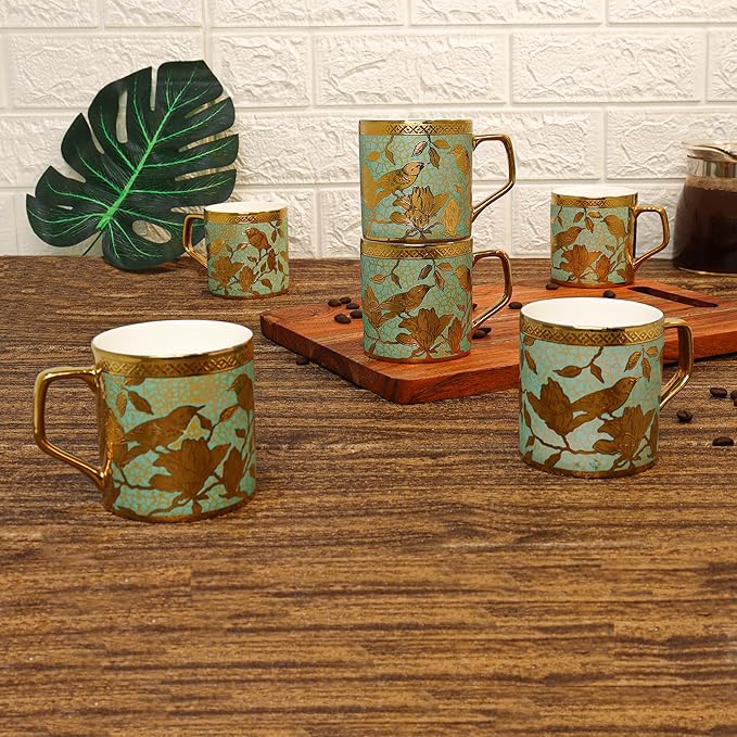 Femora Bone China Gloden Tea Cup | Weaver Love Green | 160 Ml