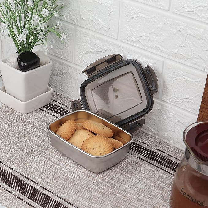 Femora High Steel Rectangle Heavy Duty Airtight Leakproof Unbreakable Lunch Box | Storage Container With Lock Lid | 350 Ml