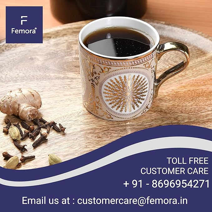 Femora Mandala Pattern With Golden Handle Golden Coffee Mugs | 130 Ml | 6 Pieces Set | Not Microwave Safe