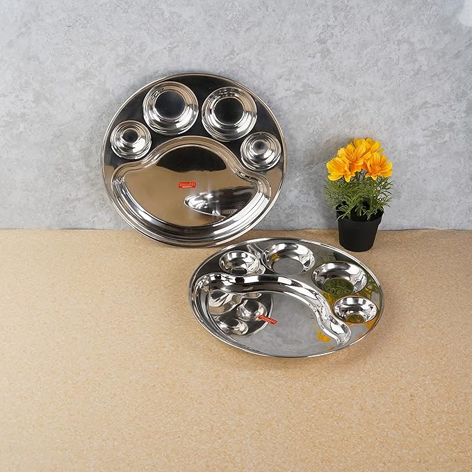 Sumeet Stainless Steel Round 5 in 1 Compartment Lunch Small Plates Set of 2Pcs 31cm Silver