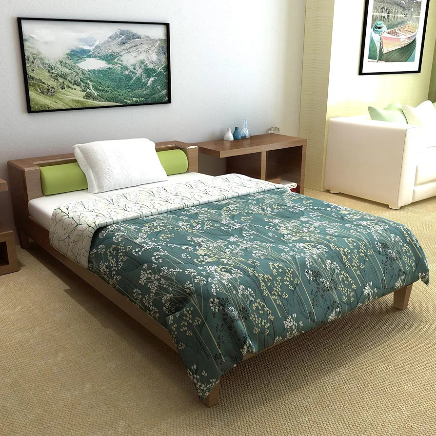 Divine Casa Microfibre All Weather Lightweight 120 GSM Printed Reversible Single Bed Quilt Comforter Blanket TC - 120 Colour Light Grey and White