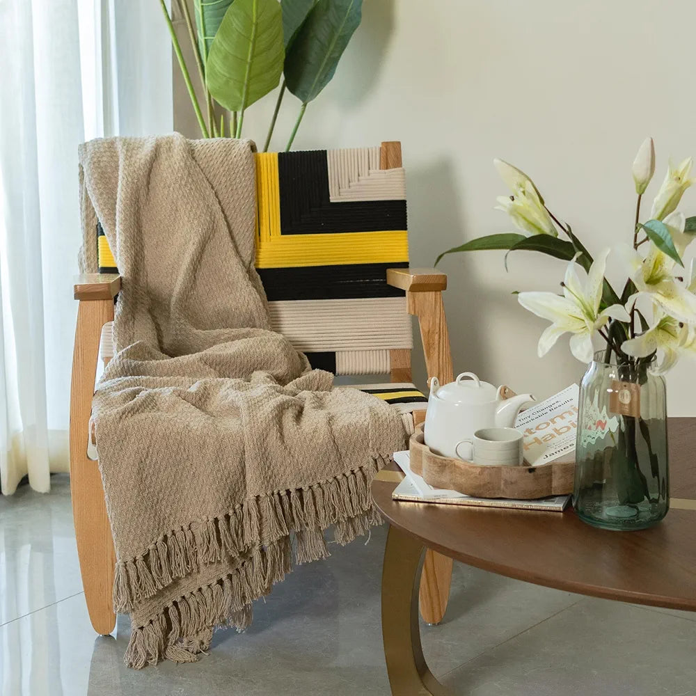 Sashaa World Weaved Beige Cotton Throw Colour Beige