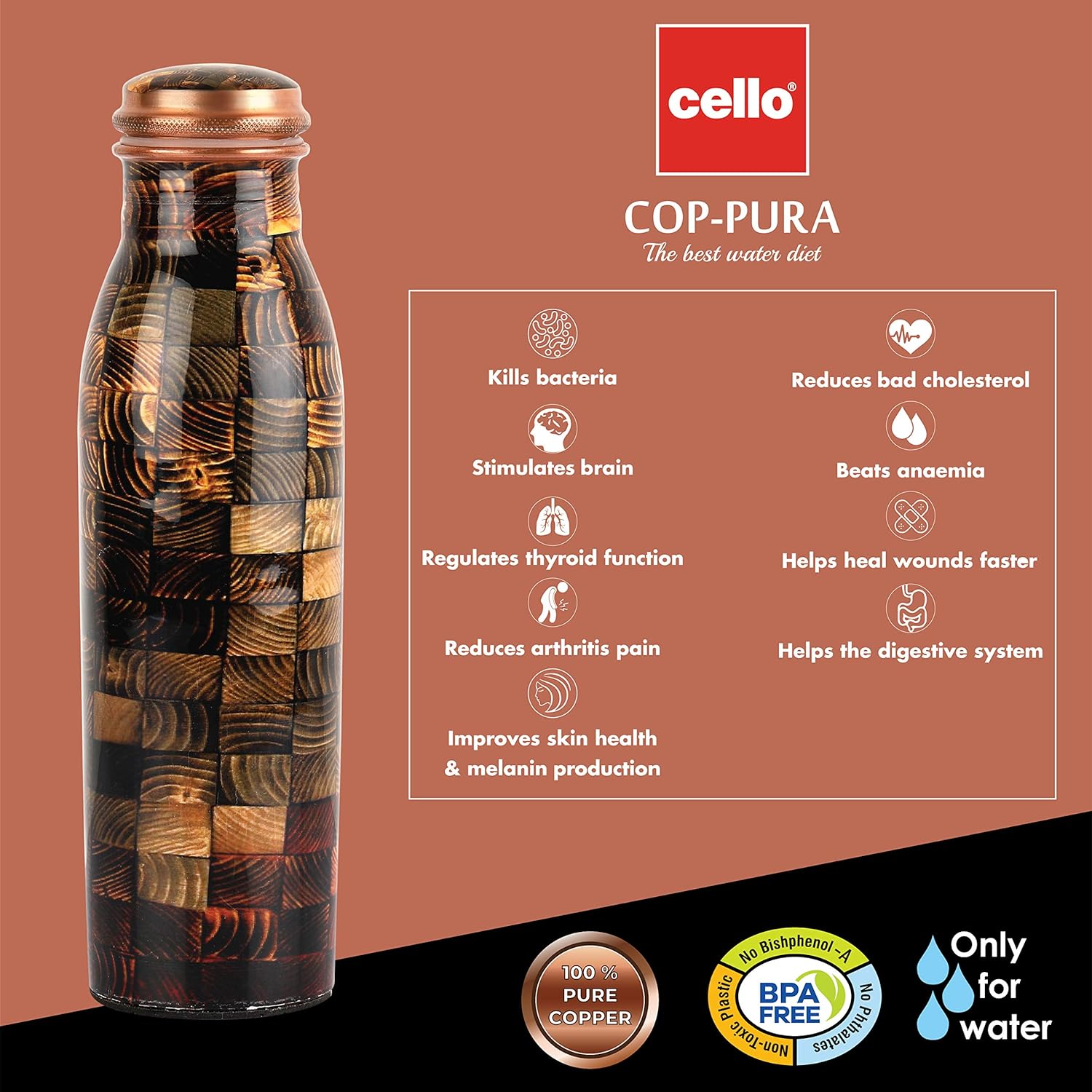 Cello Cop-pura Good Earth Copper Water Bottle | 1000ml | Blocks
