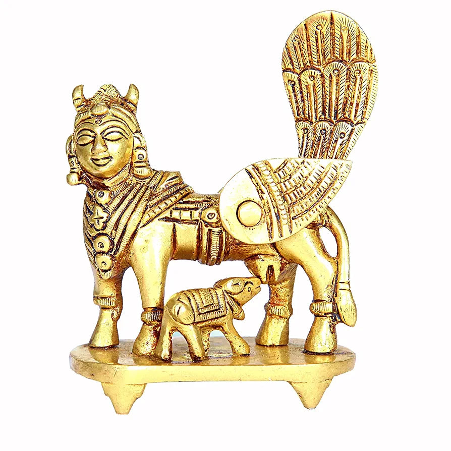 anciently Kamadhenu Cow Idol Brass | Brass Kamadhenu Cow with Calf | Kamdhenu Cow with Calf Brass | Kamadhenu Brass 10.5 CM Height Brass Gold Colour 1 Piece
