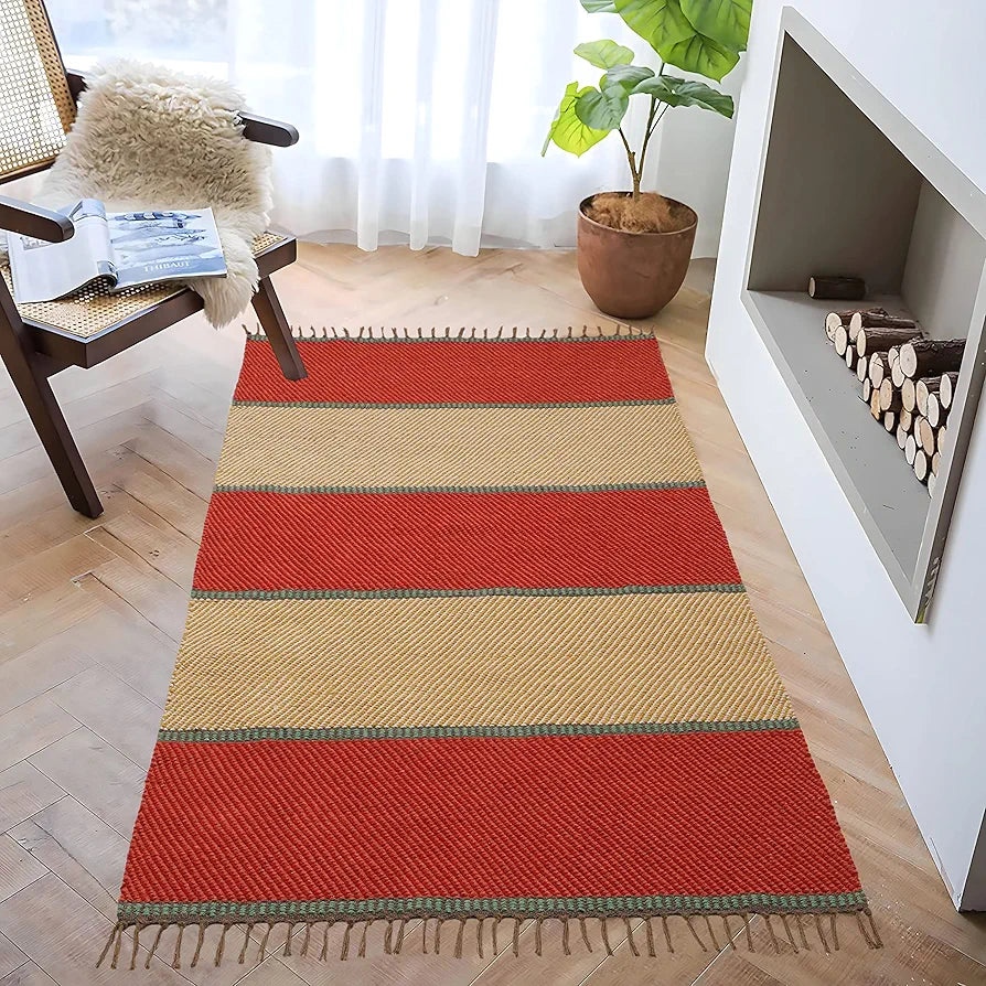 The Home Talk Rectangular Handmade Cotton Contemporary Carpets with Fringes Area Rugs