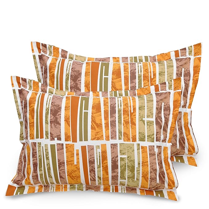 Huesland by Ahmedabad Cotton 144 TC Cotton King Size Bedsheet with 2 Pillow Covers - Orange, Green & Brown
