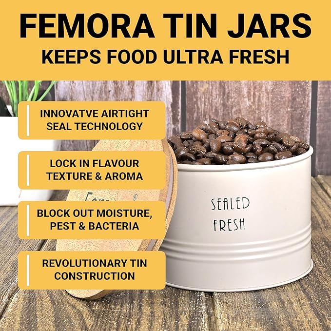 Femora Kitchen Storage Jars Tin Jar With Wooden Lid Air Tight Jar | 300 Ml | Pack of 2