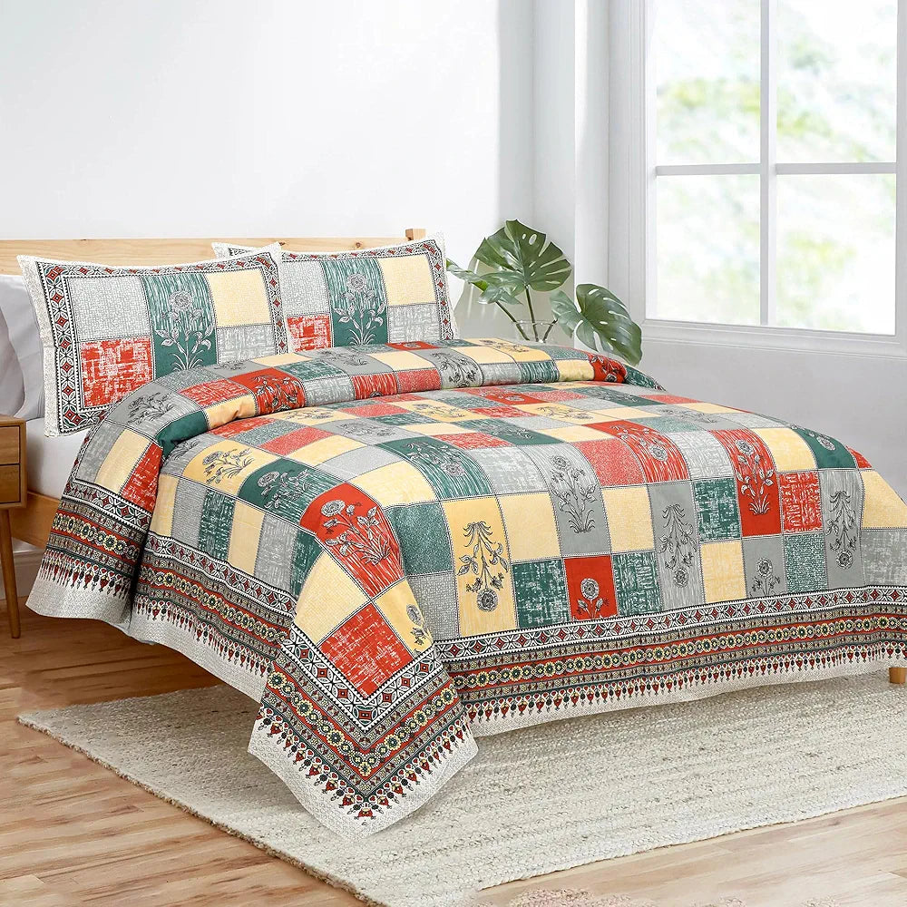 Kuber Industries Double Bedsheet with 2 Pillow Covers 160 TC Premium Cotton Green & Yellow