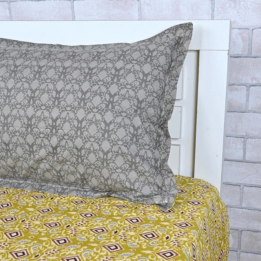 Divine Casa 144 TC Pure Cotton Single Size Bedsheet with 1 Pillow Cover Geometric Diamond Print Colour Golden Lime Grey