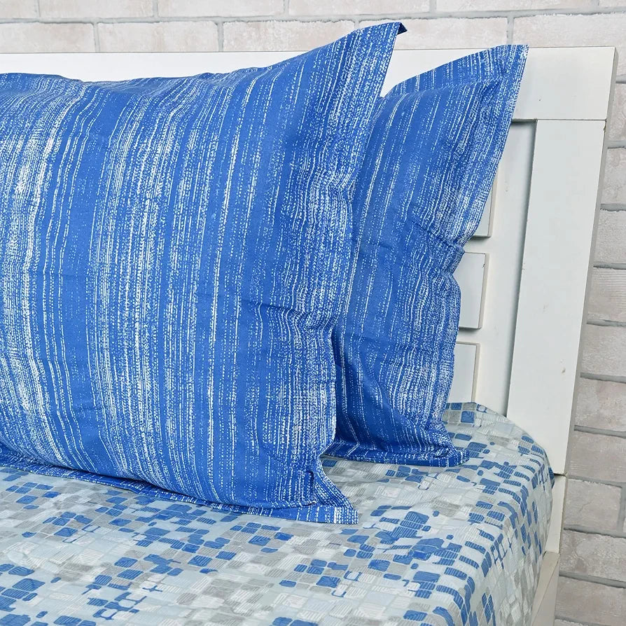 Divine Casa 144 TC 100% Pure Cotton Queen Size Double Bed Bedsheet with 2 Pillow Covers  Geometric Pixel Colour Blue White
