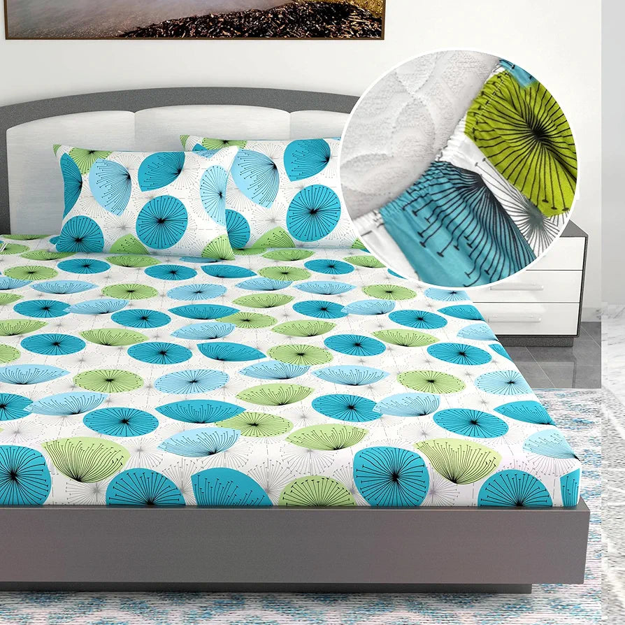Divine Casa 144 TC 100% Cotton Floral Green Breathable Bedsheet King Size Bed Cotton Elastic Fitted Colour Baltic Sea