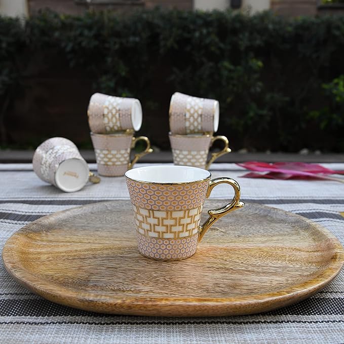 Femora Honey Comb on Golden Mugs, Ceramic Tea Cups, Coffee Mugs | 160 Ml | Golden | 6 Pieces Set | Not Microwave Safe