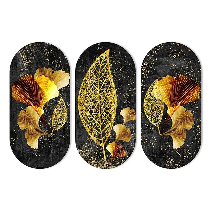 Artvibes Golden Flowers and Leaves Wooden Wall Hanger for Home | Set of 3