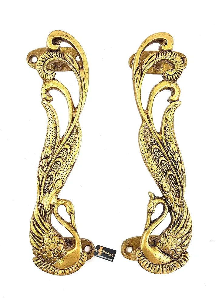Two Moustaches Peacock Design 7 Inches Brass Door Handle Pair - Antique Yellow Standard