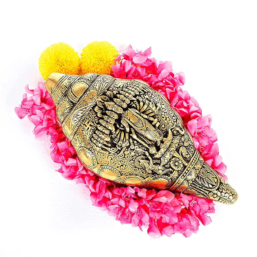 anciently Antique Finish Brass Vishu Shankh | Premium Brass Vishnu Virat Shankh 2Kg, Height 23.5cm, Antique, Gold Colour