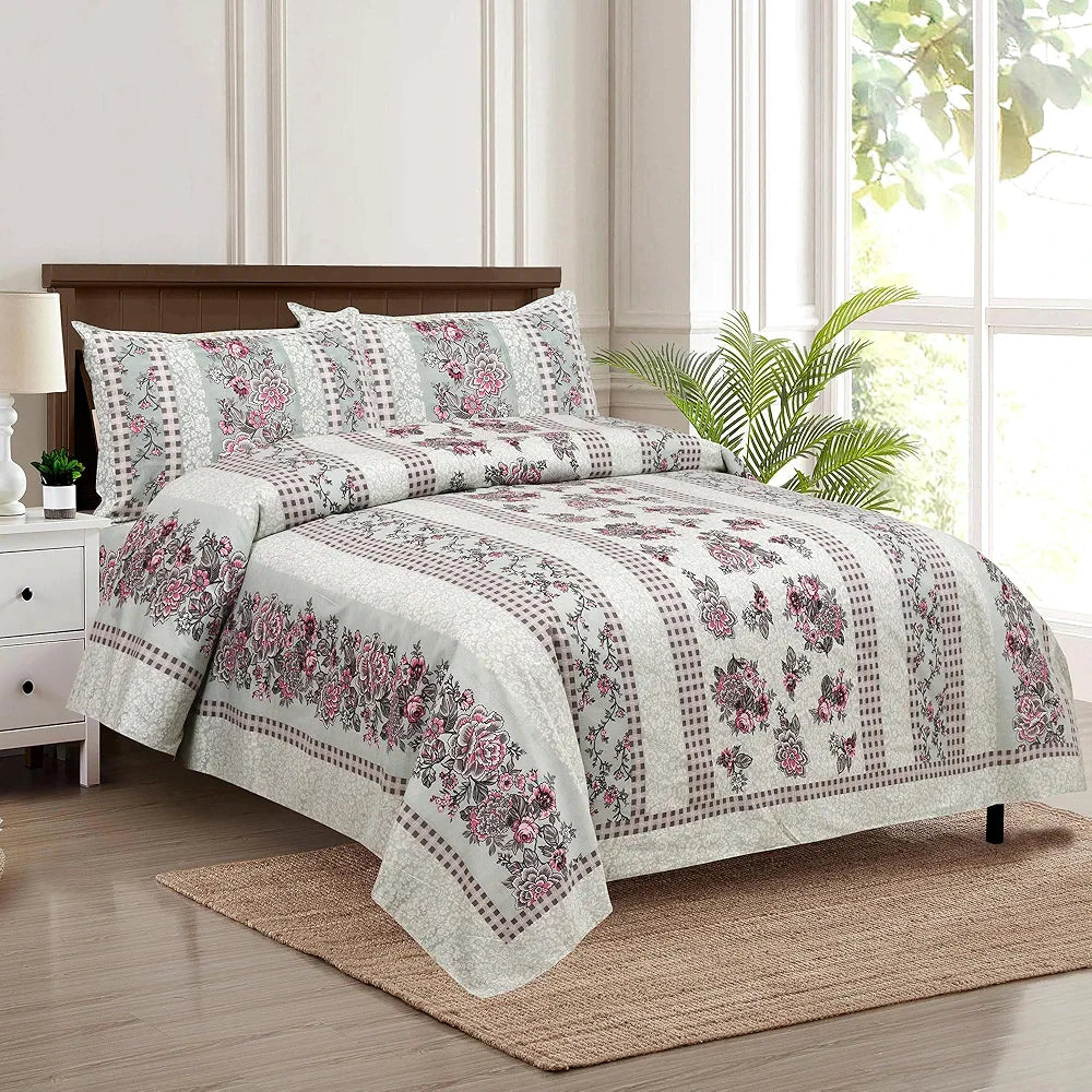 Kuber Industries Double Bedsheet with 2 Pillow Covers 160 TC Premium Cotton Spain Flower Lining Green