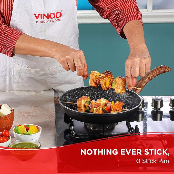 Vinod Zest Plus Die Cast Aluminium Frypan - 24 cm | Skillet Pan for Frying, Saute | 5mm Thick | 5 layer Coating| Wooden Finish Handle