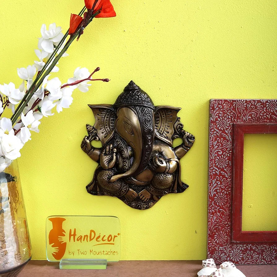 Two Moustaches Brass Ganesha Wall Hanging Brown Showpiece