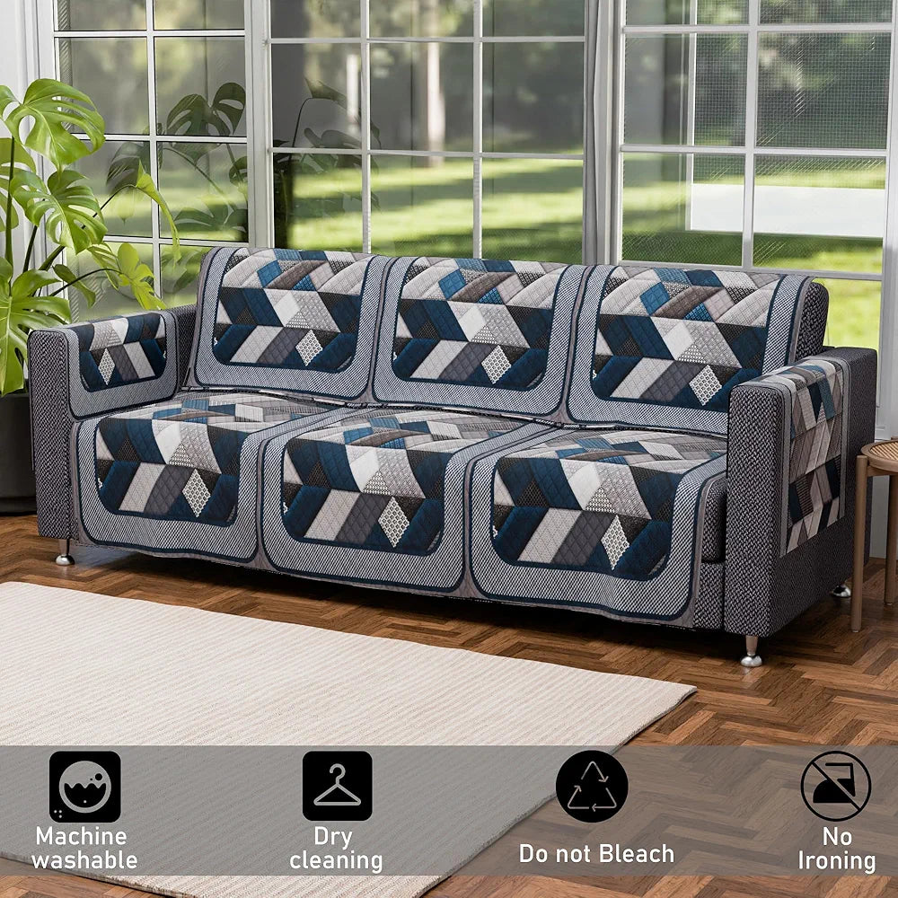 Kuber Industries Set of 16 Velvet Anti-Skid Sofa Cover 5-Seater with Arm Cover Triangular-Grey & Blue