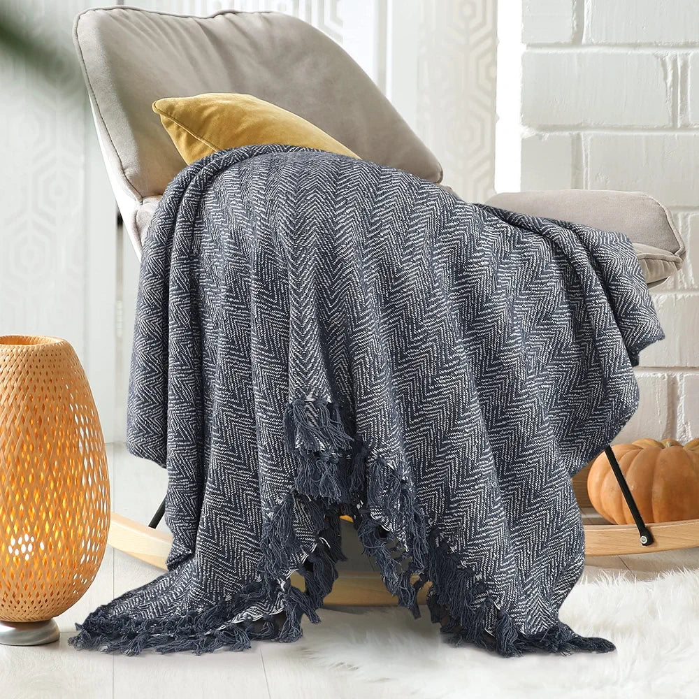 Sashaa World Soft Herringbone Throw Blanket Colour Navy