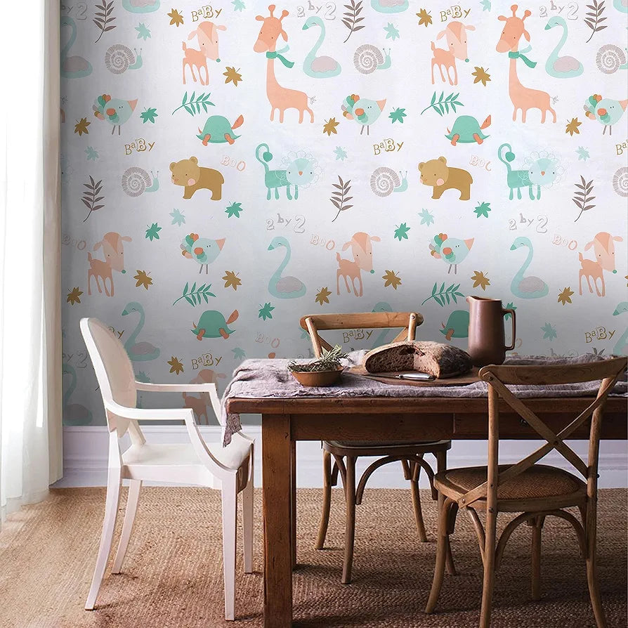 Jaamso Royals White Kids Animal Decoarative Self Adhesive Wallpaper for Walls White