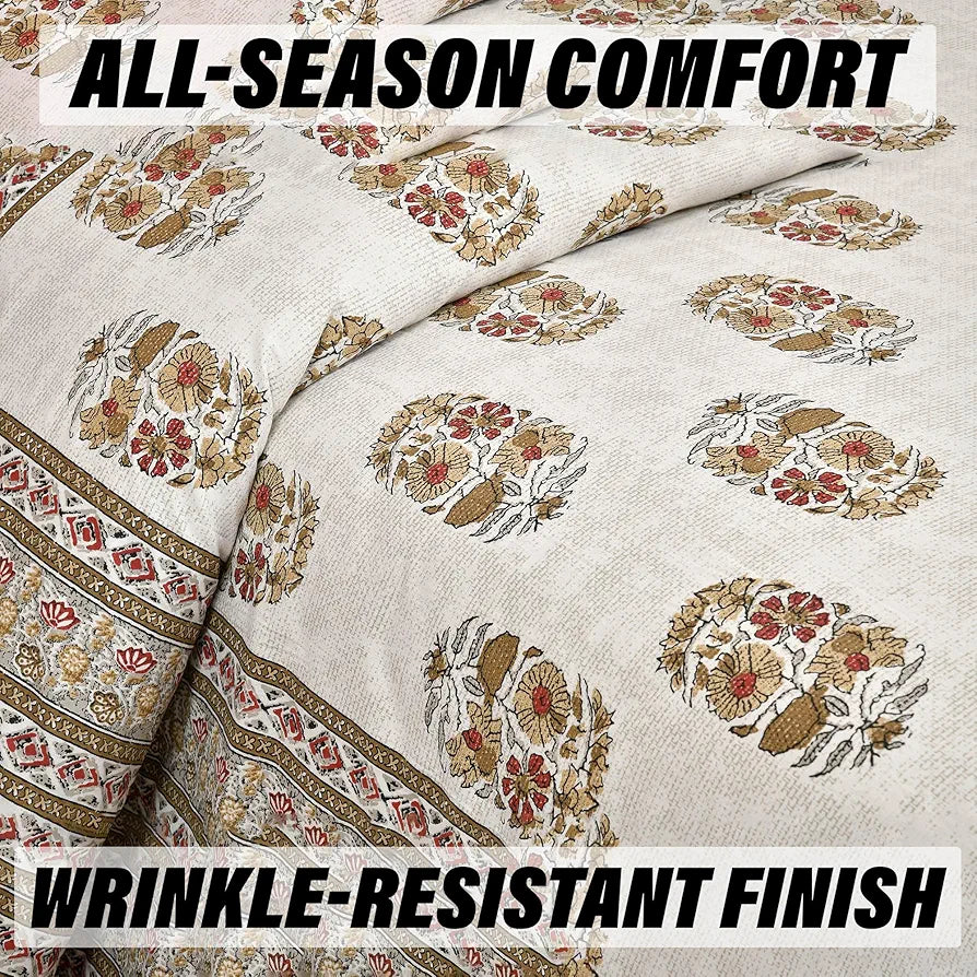 Kuber Industries Double Bedsheet with 2 Pillow Covers 160 TC Premium Cotton Dezier Flower Boota Beige