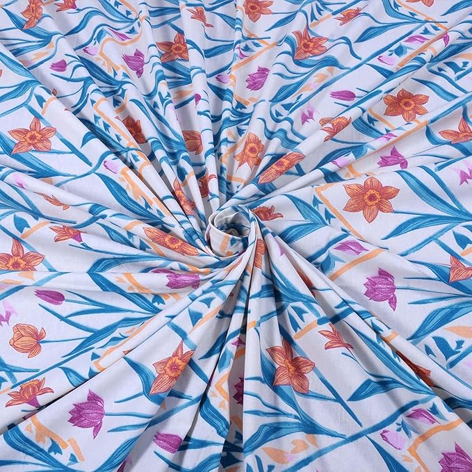 Huesland by Ahmedabad Cotton 144 TC Bedsheet for King Size Bed with 2 Pillow Covers | Botanical Chevron | Blue, Yellow & White