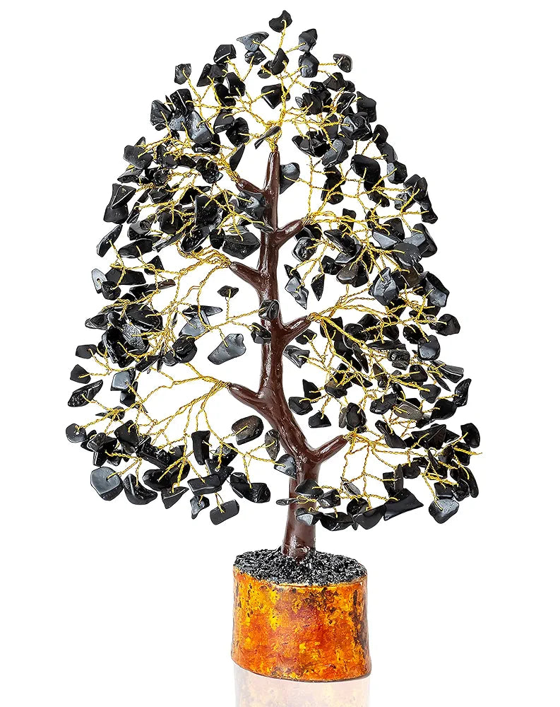 Hindcraft Black Tourmaline Crystal Tree Golden Wire 10-12 inch