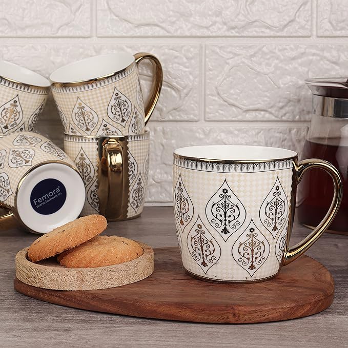 Femora Indian Ceramic Golden Line Tea Cup, Coffee Cup | 6 Pieces | 190 Ml | Not Microwave Safe