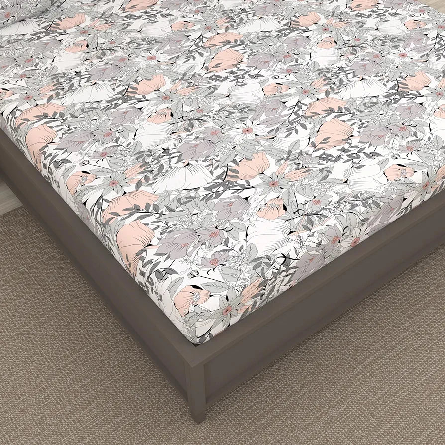 Divine Casa Double Size Bedsheet for Double Bed, 144 TC Pure Cotton Queen Size with 2 Pillow Covers Floral Colour Blush Grey