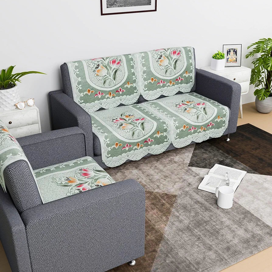 Kuber Industries Sofa Cover Net 2+1 Seater Sofa Slip Cover Set Tulip Printed Green