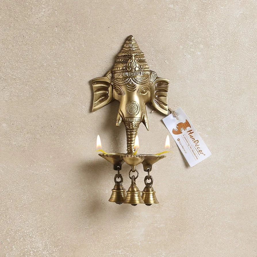 Two Moustaches Brass Ganesha Wall Hanging Diya with Bells
