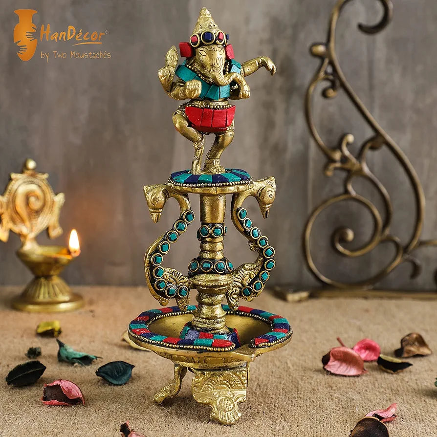 Two Moustaches 8 Inches Dancing Ganesha Gemstone Work Brass Oil Diya