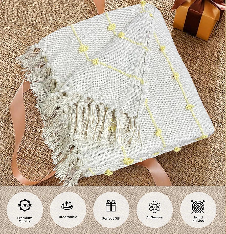 Sajavat Home Hand Knitted Pure Cotton 3 Seater Sofa Throw Colour Beige & Yellow