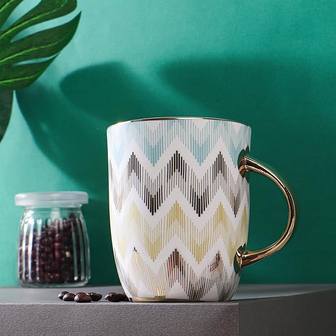 Femora India Pastel Chevron Caremic Coffee Mugs | 360 Ml, Golden | 1 Piece Set | Not Microwave Safe