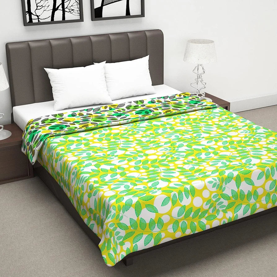 Divine Casa 120 GSM Microfiber Double Dohar Soft & Lightweight Throw Blanket Tropical Leaf Pattern Colour Green & Yellow